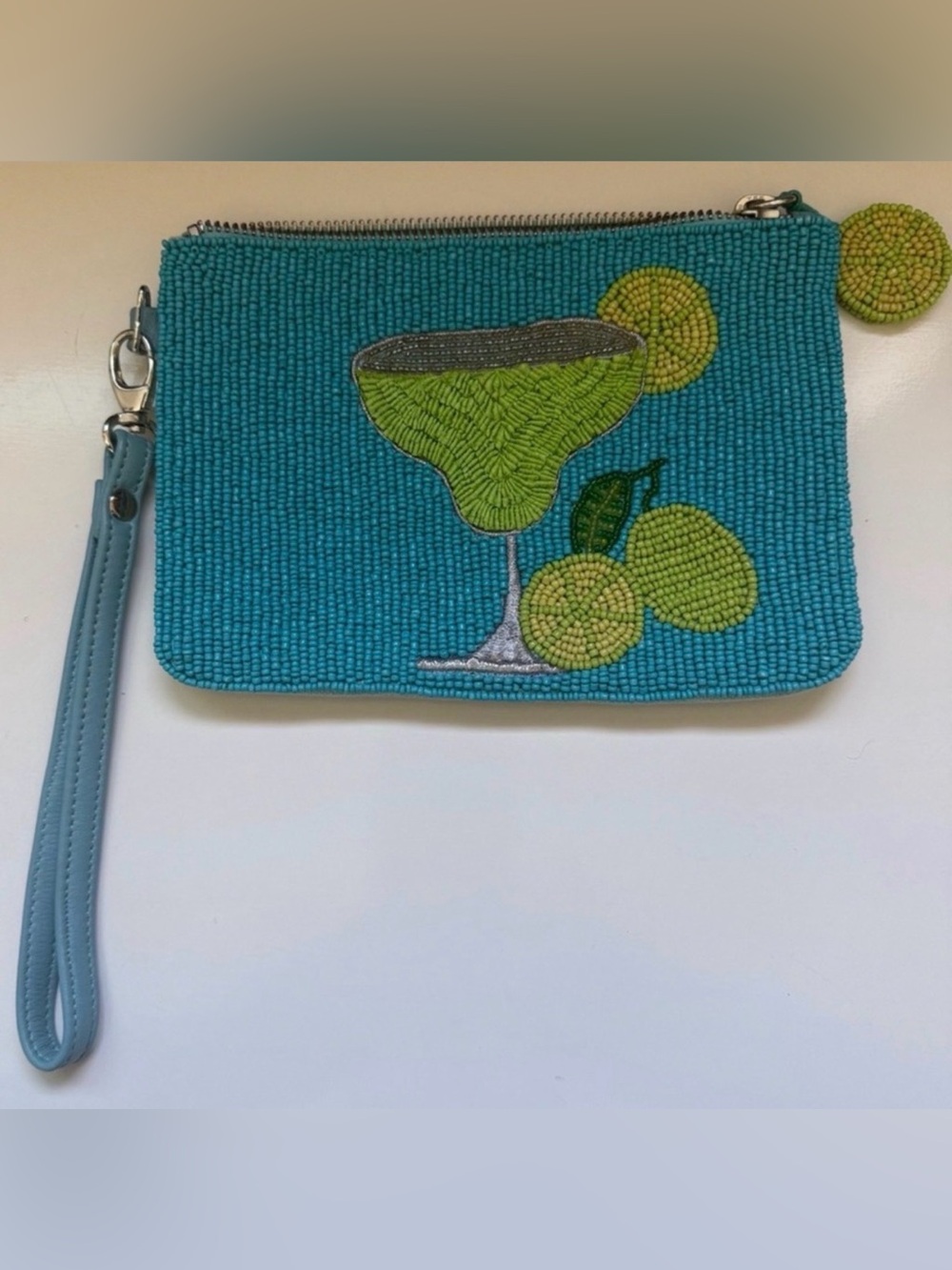 Chico's Margarita Beaded Wristlet Pouch Turquoise Blue Good Condition Tropical